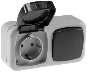 Feuchtraum Kombi Steckdose + Schalter IP44 grau horizontal ChiliTec 20470