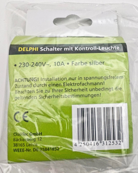 Preview: DELPHI Kontroll-Schalter mit Lämpchen 250AV/10A silber, inkl. Lämpchen