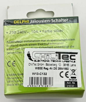 Preview: DELPHI Jalousien-Steuerung Hoch/Runter Taster 250AV silber, inkl. Rahmen