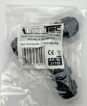 Preview: Kabelverbinder T-Form IP68 3-polig schwarz Kabel Ø8-12mm 21701