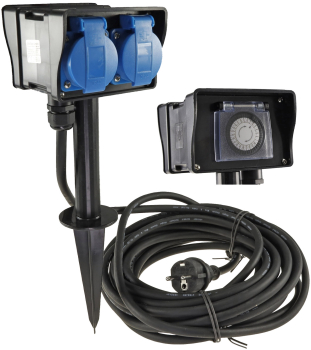 Gartensteckdose IP44 2-fach mit Zeitschaltuhr, Erdspieß, 2m Kabel 22032