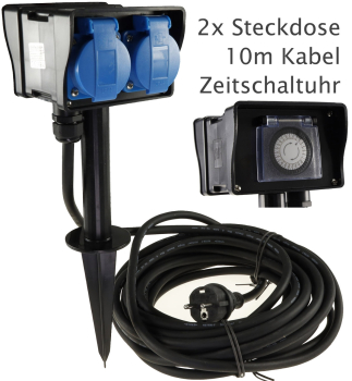 Gartensteckdose IP44 2-fach mit Zeitschaltuhr, Erdspieß, 10m Kabel 22033