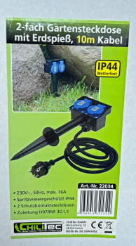 Gartensteckdose IP44 2-fach mit Erdspieß 250V 16A 10m Kabel Schutzkontaktsteckdosen 22034