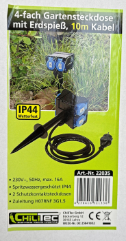 Gartensteckdose IP44 4-fach mit Erdspieß und Deckel 10m Kabel 22035