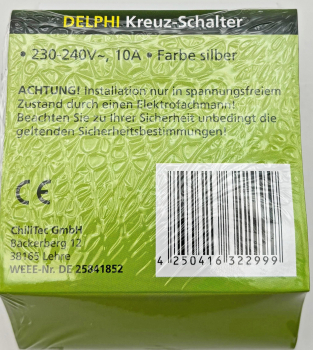 Preview: DELPHI Kreuzschalter 250AV/10A silber, inkl. Rahmen