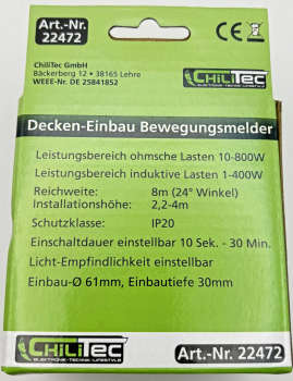 Aufbau+Einbau Bewegungsmelder 360° FLAT PIR, LED geeignet, Reichweite 8m 22472