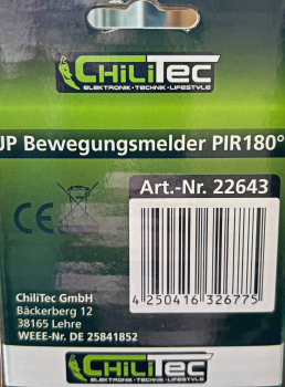 Bewegungsmelder PIR UP 180° LED geeignet, 2-Draht Technik ChiliTec 22643
