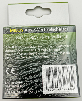 MILOS Wechselschalter Matt Weiß IP44 mit Rahmen 23237