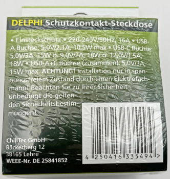 DELPHI Schutzkontakt-Steckdose weiß UP USB A + C / PD 23340