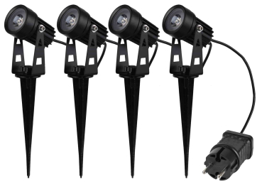 ChiliTec 4er Set Gartenleuchte IP65/44 Gartenstrahler 4 Spots mit Erdspieß + Netzteil 3000K 23441