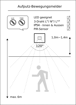 NUQUI Feuchtraum PIR Bewegungsmelder IP54, 120°, 2-500W, ChiliTec 23468