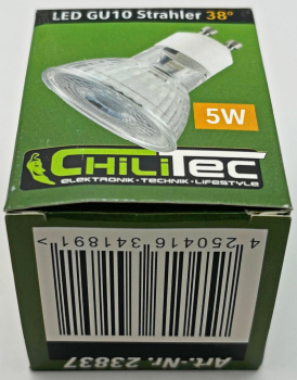 Preview: ChiliTec LED Strahler GU10 "Glas 5W" 3000K 38° 4,8W 484Lm warmweiss 23837