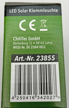 ChiliTec LED Solar Klemmleuchte "SWK 8020" PIR Bewegungsmelder IP44 23855