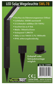 ChiliTec LED Solar Wegeleuchte "SWL-78" IP44 H63 Dämmerungssensor 3000K 23999