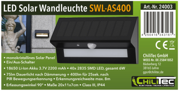ChiliTec LED Solar Wandleuchte "SWL-AS400" IP44 PIR Bewegungsmelder 3000K 24003
