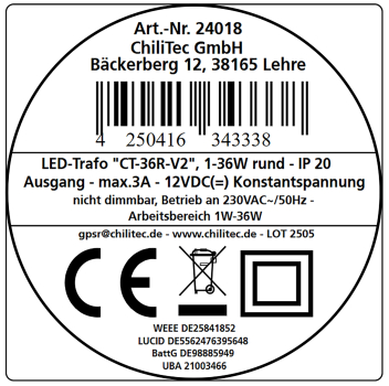 Preview: LED Trafo 12VDC 0,5-36W CT-36E 24018