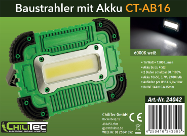 ChiliTec LED Baustrahler "CT-AB16" 16W 1200Lm Akku Ständer Magnethalter 24042