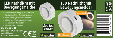 LED Nachtlicht mit Bewegungsmelder Akku Dämmerungssensor 2700K 24048