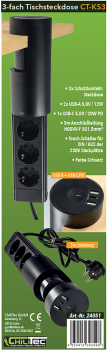 3-fach Tischsteckdosen Einbau "CT-KS 3" USB-A + USB-C, 3m Kabel, schwarz 24051