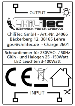 Schnurdimmer für LEDs, 3-150Watt 230V, Drehregler mit Ein & Aus, schwarz 24066