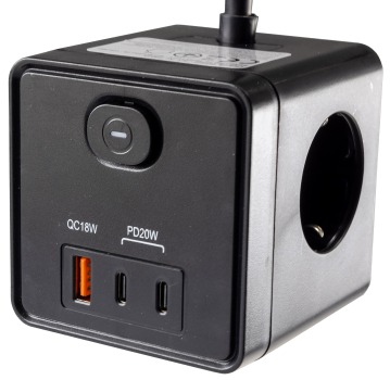 Steckdosen-Würfel 1x USB-A 2x USB-C 1,5m Kabel schwarz 24075