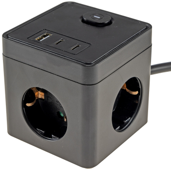 Steckdosen-Würfel 1x USB-A 2x USB-C 1,5m Kabel schwarz 24075