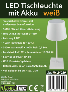 LED Akku Tischleuchte 26cm dimmbar 160Lm 1200mAh 3000K USB-C Weiß 24089