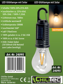 ChiliTec LED Solar Glühlampe "CT-KL3" mit Akku, Haken / Karabiner, Warmweiss 3000K 24095