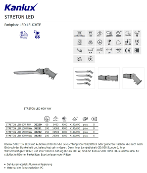 LED Parkplatzleuchte STRETON 60W 4000K 8400Lm IP65 Strassenleuchte 36230