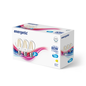 Preview: 3er Set LED Leuchtmittel A60 4000K E27 1150Lm Glas Filament 7,8W Lampe Klar Energetic 5181011023