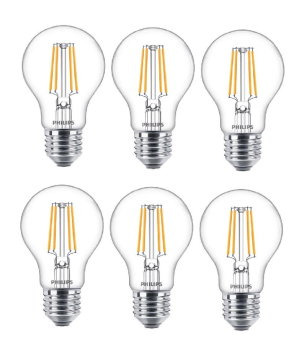 6-er Set Philips A60 Filament LED Lampe E27 7W 2700K 806Lm Klar