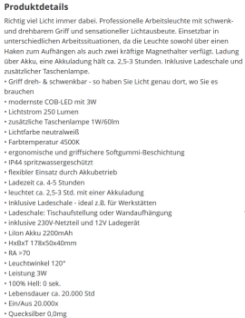 LED Arbeitsleuchte 3W "FlexiLED 300+" Akku 250lm COB Stableuchte mit Ladeschale Magnethalter 22149
