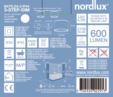 Nordlux BATILDA Bath 8 Aufbauleuchte weiss Moodmaker IP20/44 Badleuchte Dimmen 2415170101