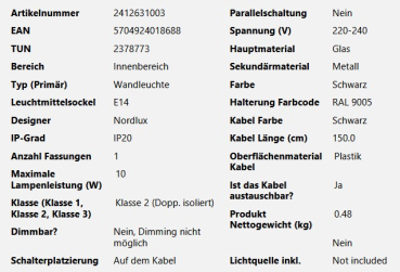 Wandleuchte Milford Mini Nordlux Schwarz Glas E14 2412631003