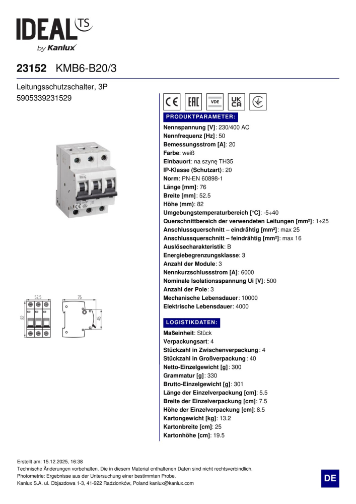 Sicherungsautomat Sicherung KMB6 B20 3P 20A Leitungsschutzschalter 23152