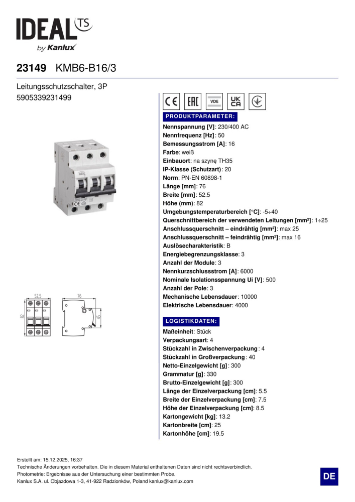 Ideal Leitungsschutzschalter KMB6 B16 3P 16A Sicherungsautomat