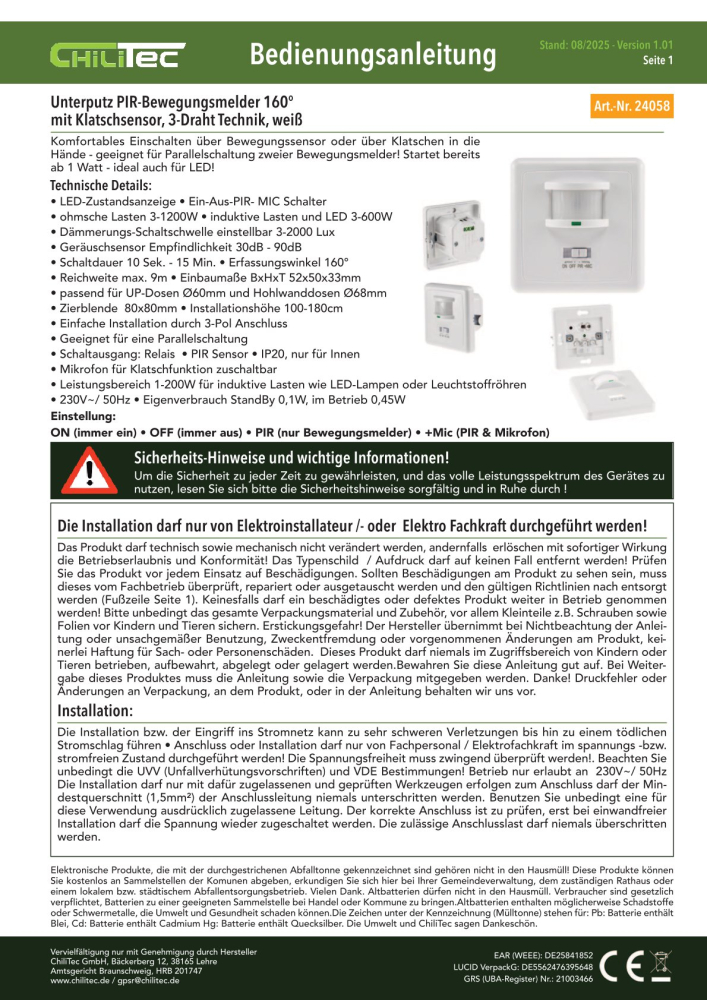 Bewegungsmelder 160° IP20 "CT-AB160" IR & Akkustiksensor 3-Draht weiß Unterputz 24058
