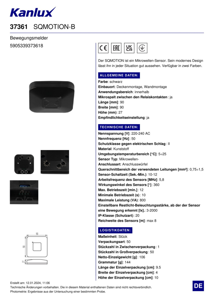 Bewegungsmelder SQMOTION Mikrowellen-Sensor schwarz Kanlux 37361