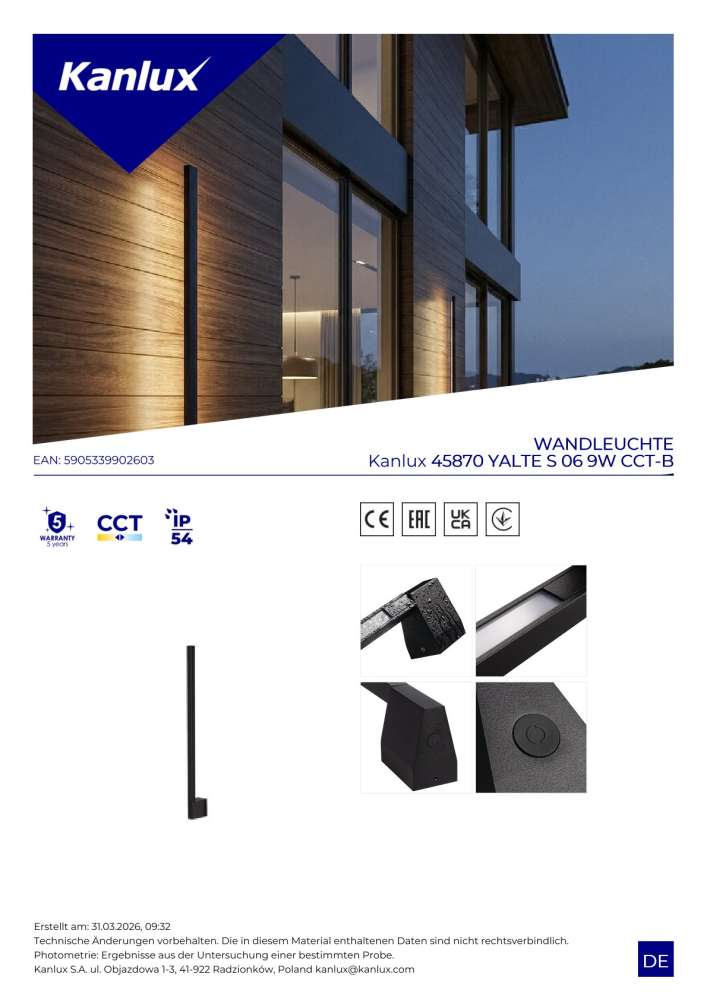 LED Wandleuchte YALTE CCT 3000/4000/6500K 60cm schwarz drehbar 9W IP54 Kanlux 45870