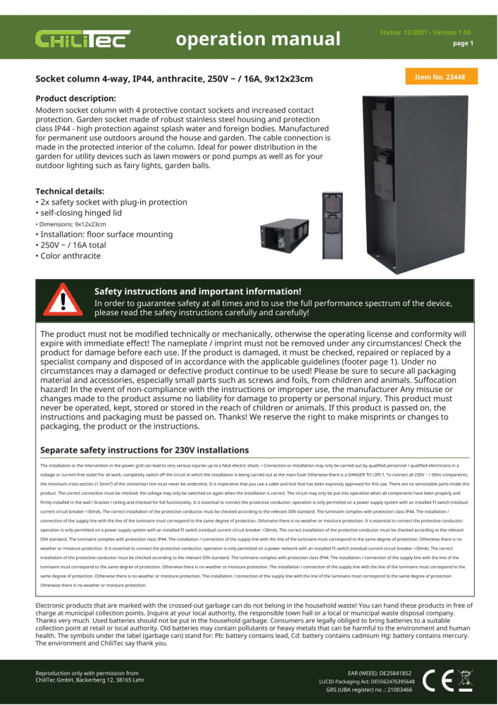 ChiliTec Steckdosensäule 4-fach Anthrazit IP44 Aussensteckdose 23445