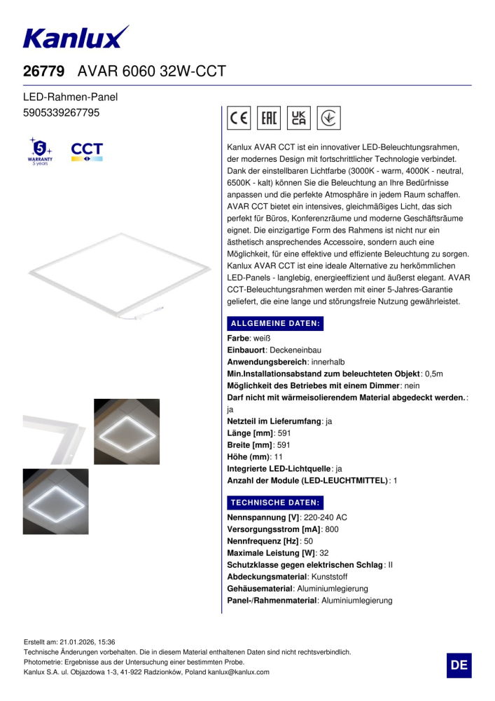 Kanlux LED Rahmen Panel AVAR CCT 6060 3000K 4000K 6500K 32W Lichtrahmen 26779