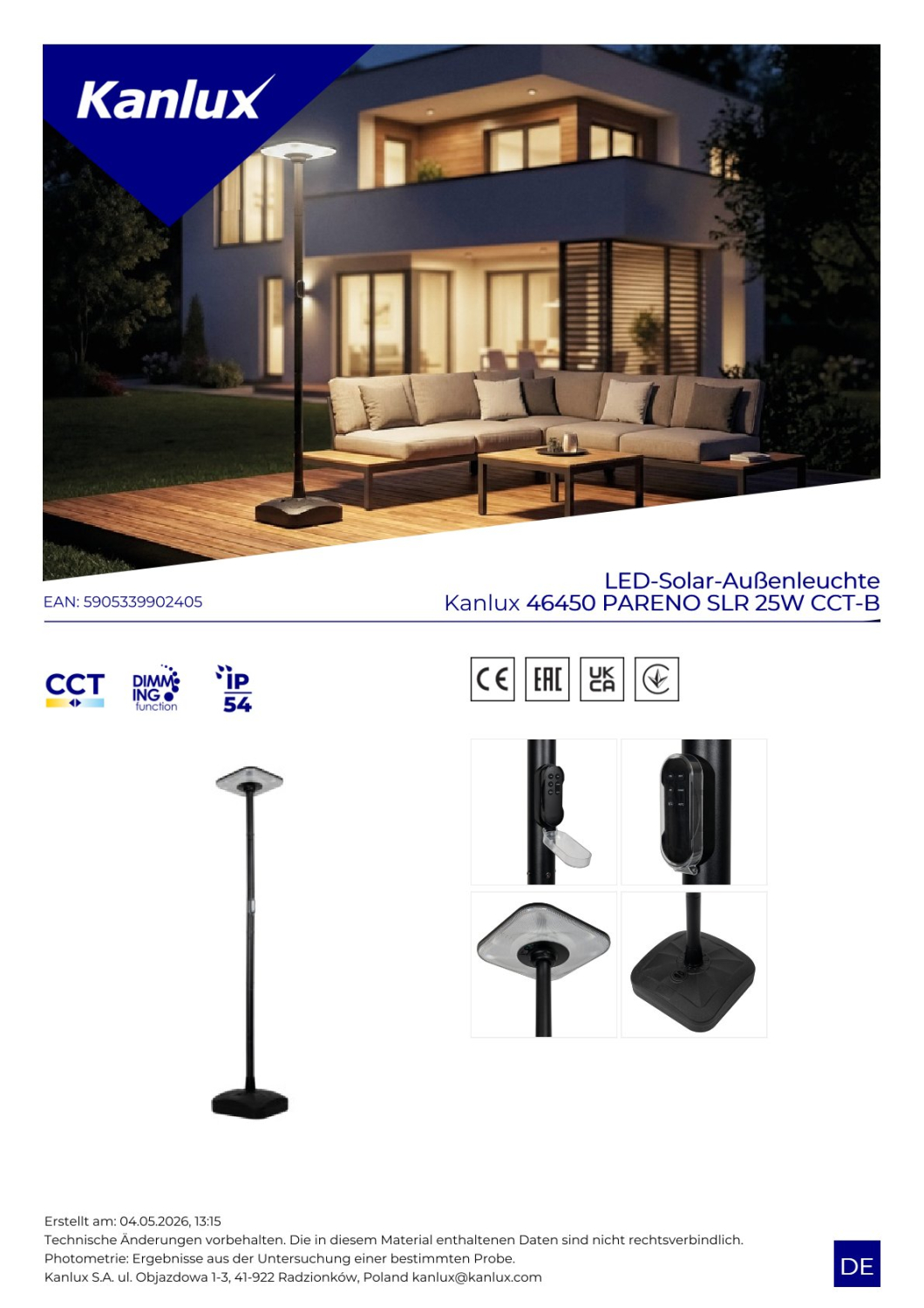 Kanlux LED Solarleuchte PARENO CCT 3000/4000/6500K PIR Sensor schwarz 25W IP54 46450
