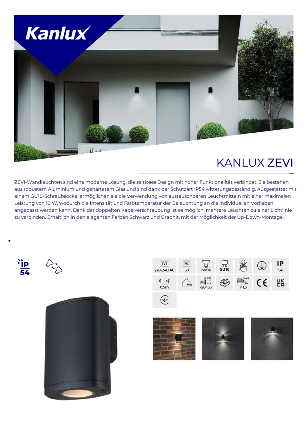 Kanlux Wandleuchte ZEVI W EL mit Bewegungsmelder PIR Sensor schwarz IP54 1xGU10 90100