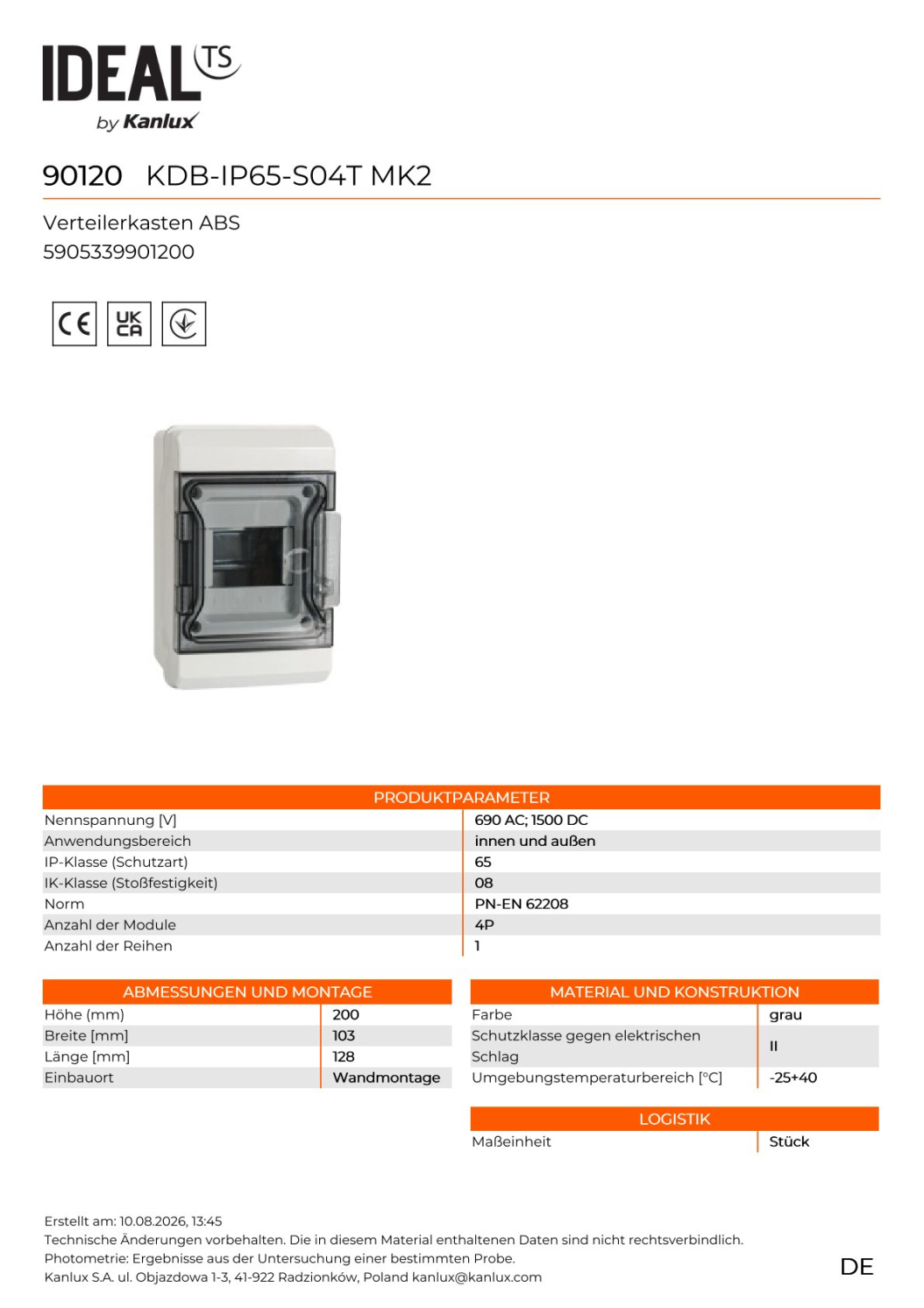 IP65 Verteiler 4 Module ABS KDB MK2 Aufputz IDEAL 90120