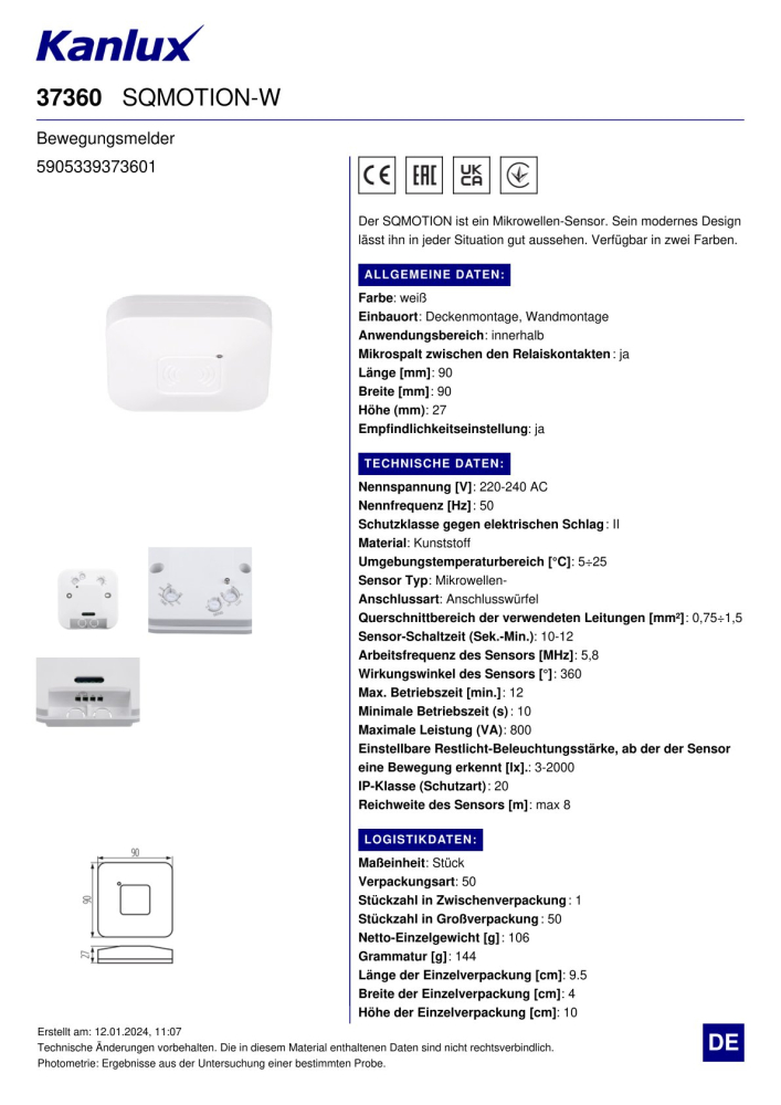 Kanlux Bewegungsmelder SQMOTION Mikrowellen-Sensor Wiess 37360