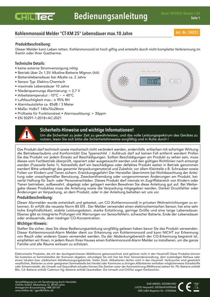 Kohlenmonoxid Melder "CT-KM 25" EN 50291 zertifiziert 24023