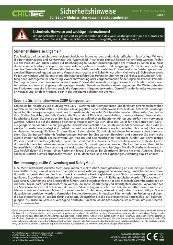 4-fach Werkstattsteckdose mit Deckel 10m Kabel IP44 Gartensteckdosenleiste 24005