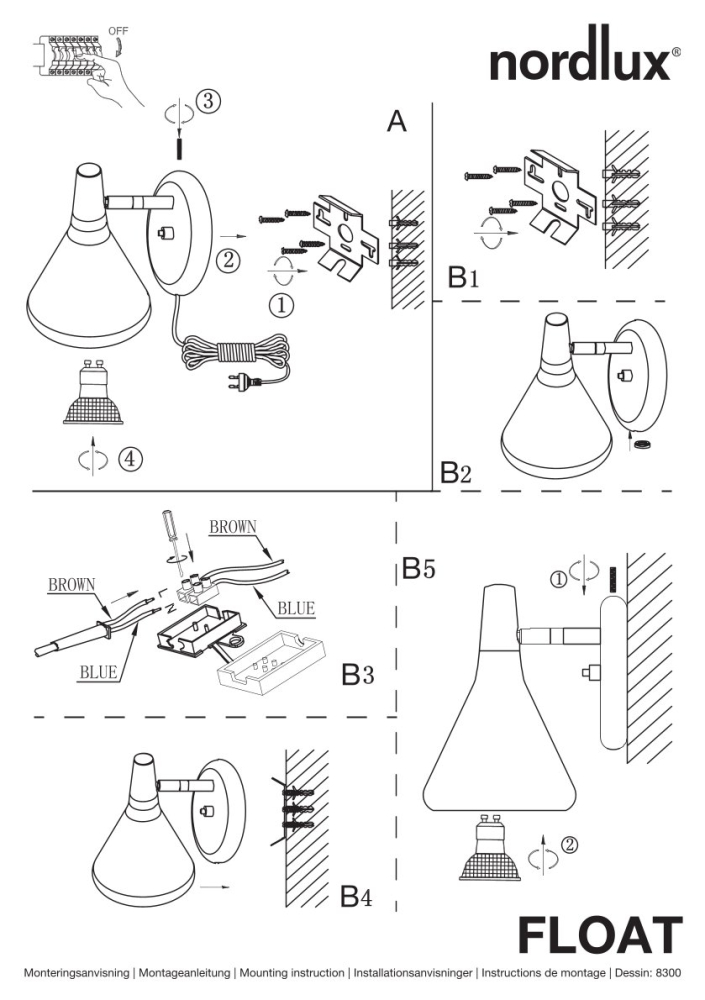 Designer Wandlampe Nordlux Float 83001030 Wand Kupfer Walnussholz GU10