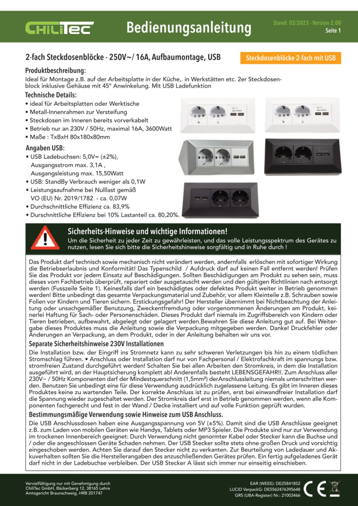Aufbausteckdosen 2-fach Steckdosenblock + 2x USB A+C 3,1A weiss 23650