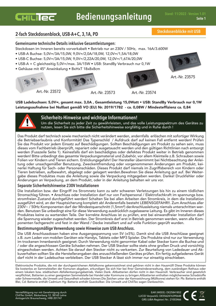 Aufbausteckdosen 2-fach Steckdosenblock + 2x USB A+C 3,1A weiss 23572